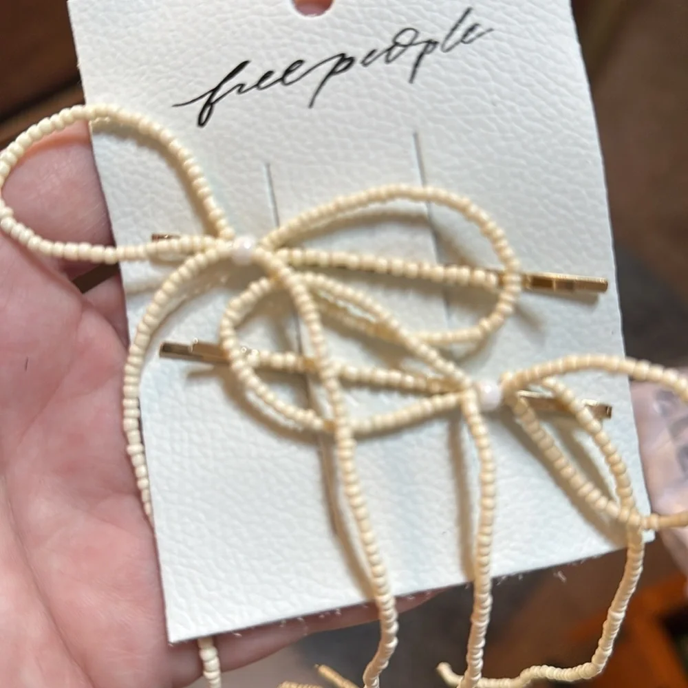NWT Free People Cream Beaded Bow Gold Hair Clips Set Boho Coquette